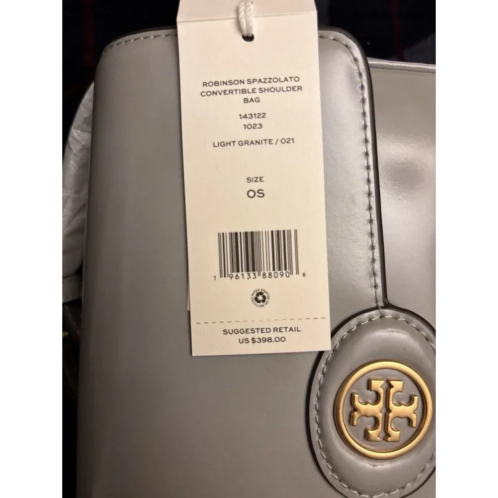 Tory Burch Women’s Robinson Spazzolato Leather Shoulder Bag Light Granite New